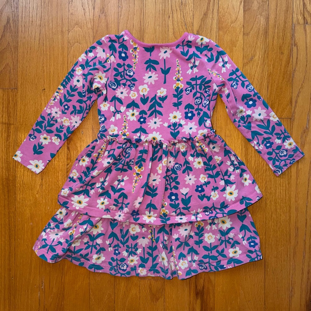 Hanna Andersson Girls Pink Floral Tiered Long Sleeve Cotton Dress Size 4 / 100 - Picture 2 of 8